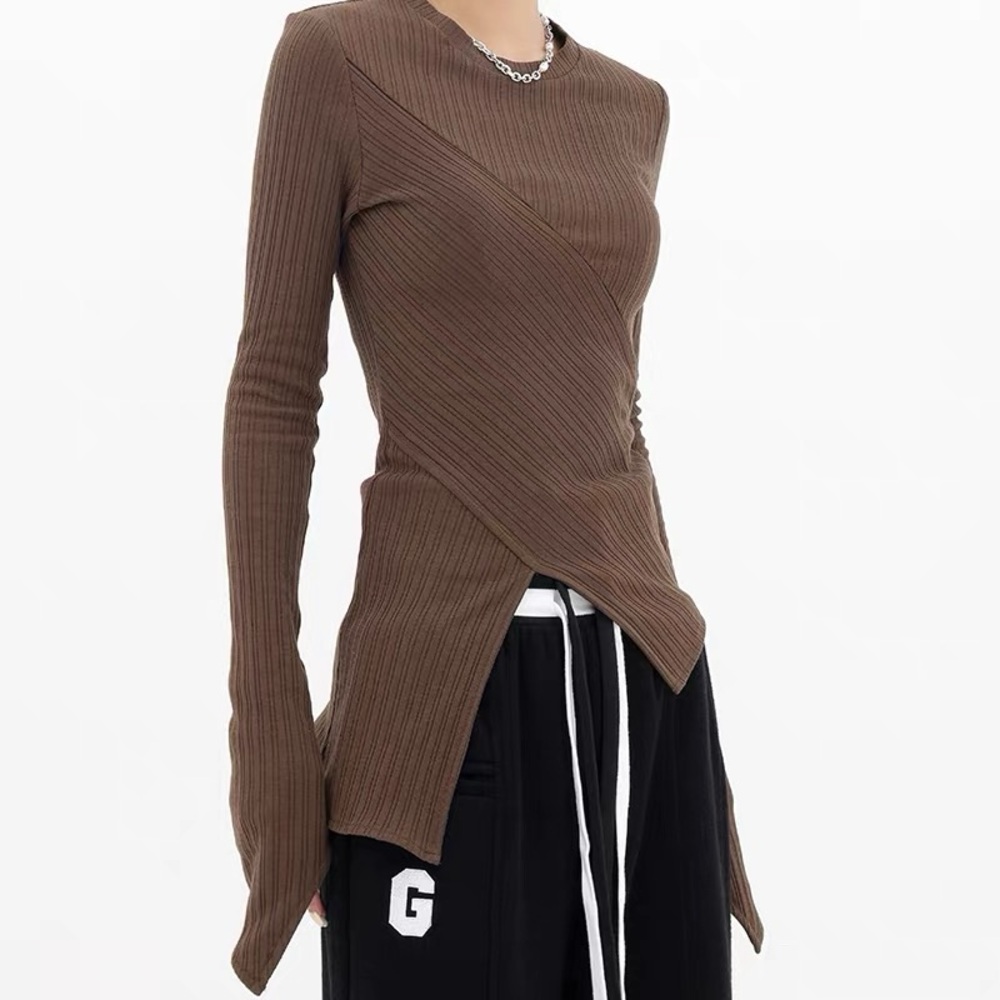 Brown Ribbed Asymmetrical Long Sleeve Top